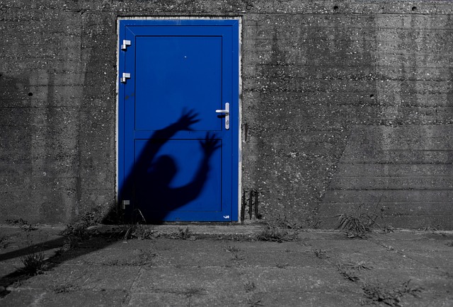 Tieň muža na modrých dverách na betónovej stavbe.jpg